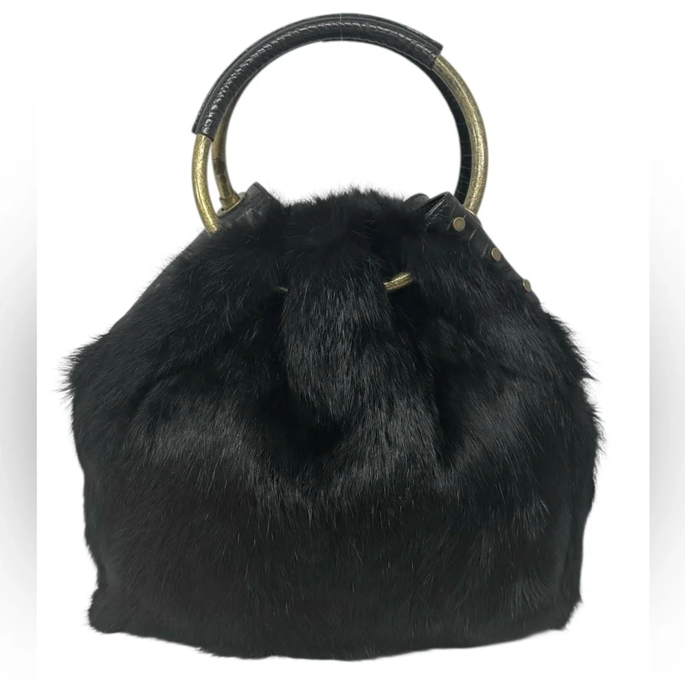 Vintage Adrienne Vittadini Black Black Double Handle Rabbit Fur Handbag Purse